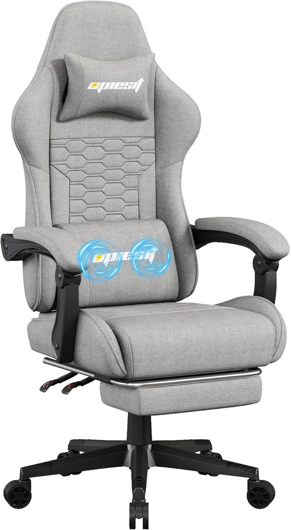 Gaming Chair,Fabric Computer Chairs with Lumbar Support and Massager,Ergonomic Office Chair with Footrest & Pocket Spring Cushion,Bearing 400 LBS(Grey (Light Gray)