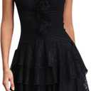 Women's Western Sleeveless Dress V Neck Cowgirl Lace Tiered Layered Music Festival Mini Dresses (Black, S)
