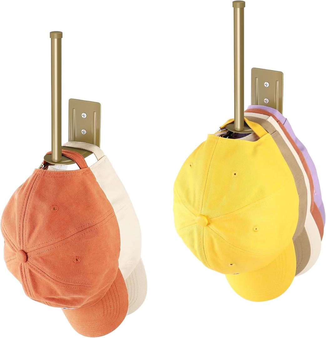 2 Pack Hat Racks for Baseball Caps, Stainless Steel Hat Organizer for Baseball Cap, Hat Holder Storage Organizer, Hat Hanger Strong Adhesive/Wall Drilled for Door, Bedroom, Closet(Gold 6 in)