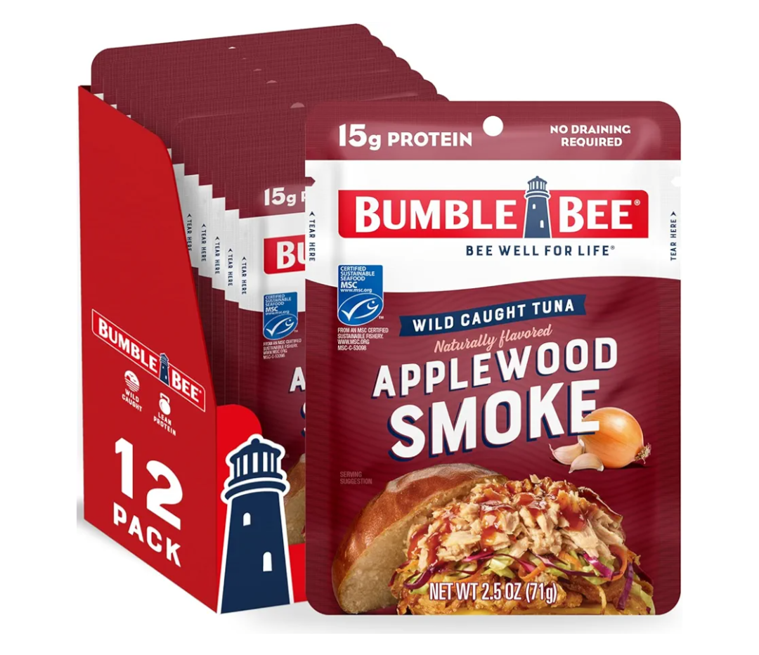 Bumble Bee Applewood Smoke Seasoned Tuna, 2.5 oz Pouches (Pack of 12) - Ready to Eat - Wild Caught Tuna Packet - 15g Protein per Serving - Gluten Free
