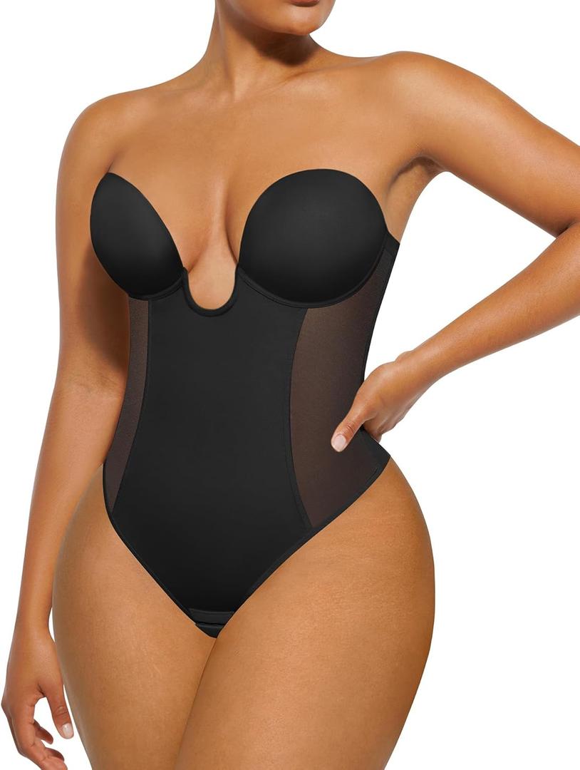 SHAPELLX Strapless Shapewear Bodysuit for Women U Plunge Corset Backless Body Shaper Tummy Control Thong Top Daily Wear (A1-black), XL