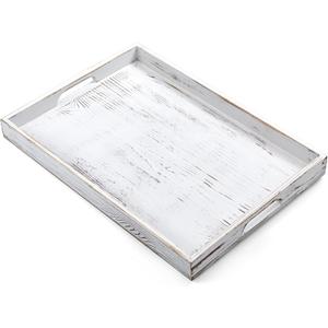 17 Inch Rustic White Serving Tray with Handles - Large Wooden Tray for Ottoman, Breakfast in Bed, Dinner, Coffee Table - Decorative Rectangular Tray for Living Room Bedroom Entryway and Kitchen Decor