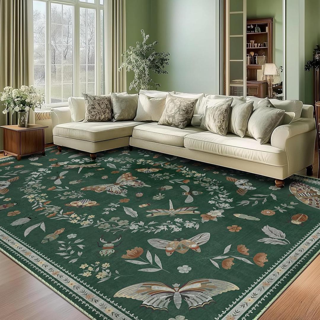 6x9 Butterfly Area Rugs for Living Room Low Pile Print Washable Rugs for Nursery Bedroom Colorful Insect Rugs Kids Room Soft Decor Water Repellent Non Slip Carpet Office Green