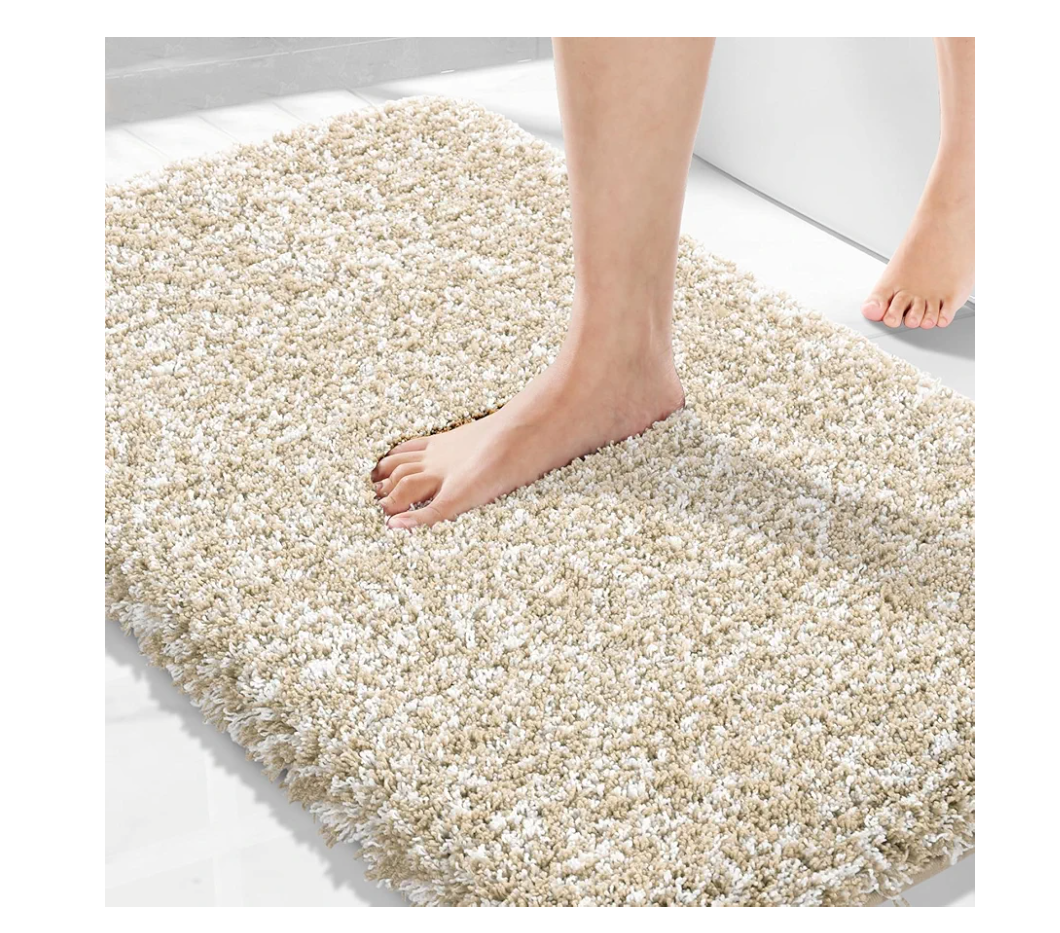 Yimobra Bathroom Rugs Non Slip Washable 36x24, Ultra Soft and Water Absorbent Bath Mats, Plush Fluffy Shower Mat Outside, Luxury Microfiber Thick Matts for Bathroom Floor/Tub, Light Beige and White