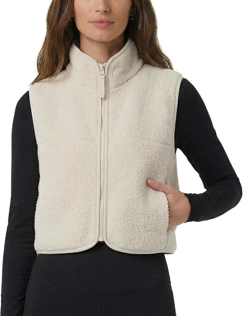 Cropped Fleece Vest Women Zip Up Stand Collar Warm Sherpa Vest Fall Cute Sleeveless Fleece Waistcoat with Pocket (Large, Beige)