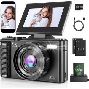 5K Digital Camera with SD Card 32GB, Vlogging Video Camera for Photography, 3'' 180 Flip Screen Travel Cameras Portable Instand Compact Camera for Beginner Teens Waterproof 18X Zoom (Black)
