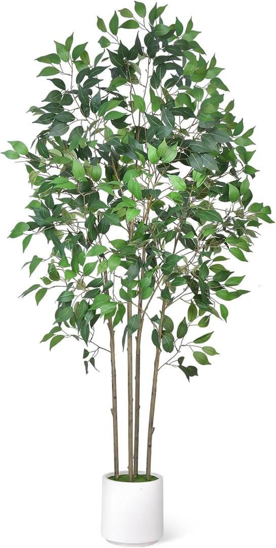 Timoo Ficus Tree Artificial 6 FT Tall Faux Plants Indoor Fake Tree with White Tall Planter, Artificial Plants Indoor Faux Tree with Full Realistic Leaves, Fake Plant for Home Office Corner Decor