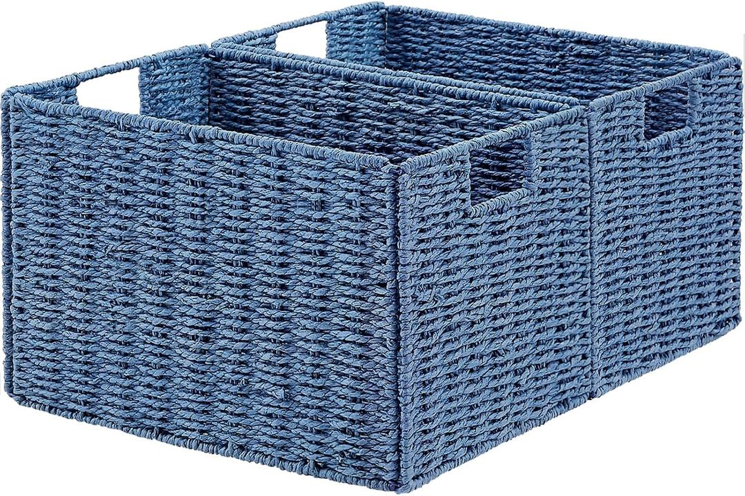Vagusicc Wicker Storage Basket, Set of 2 Hand-Woven Paper Rope Wicker Basket, Large Storage Baskets for Organizing Toilet Paper, Foldable Cube Storage Organizer Bins for Shelves (Blue)