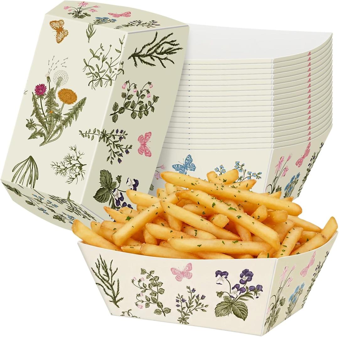 Ceenna 50 Pcs Wildflower Paper Food Trays Vintage Floral Nacho Trays Disposable Spring Summer Snack Popcorn Boats Holder for Bridal Baby Shower Tea Party Birthday Wedding Decorations Supplies