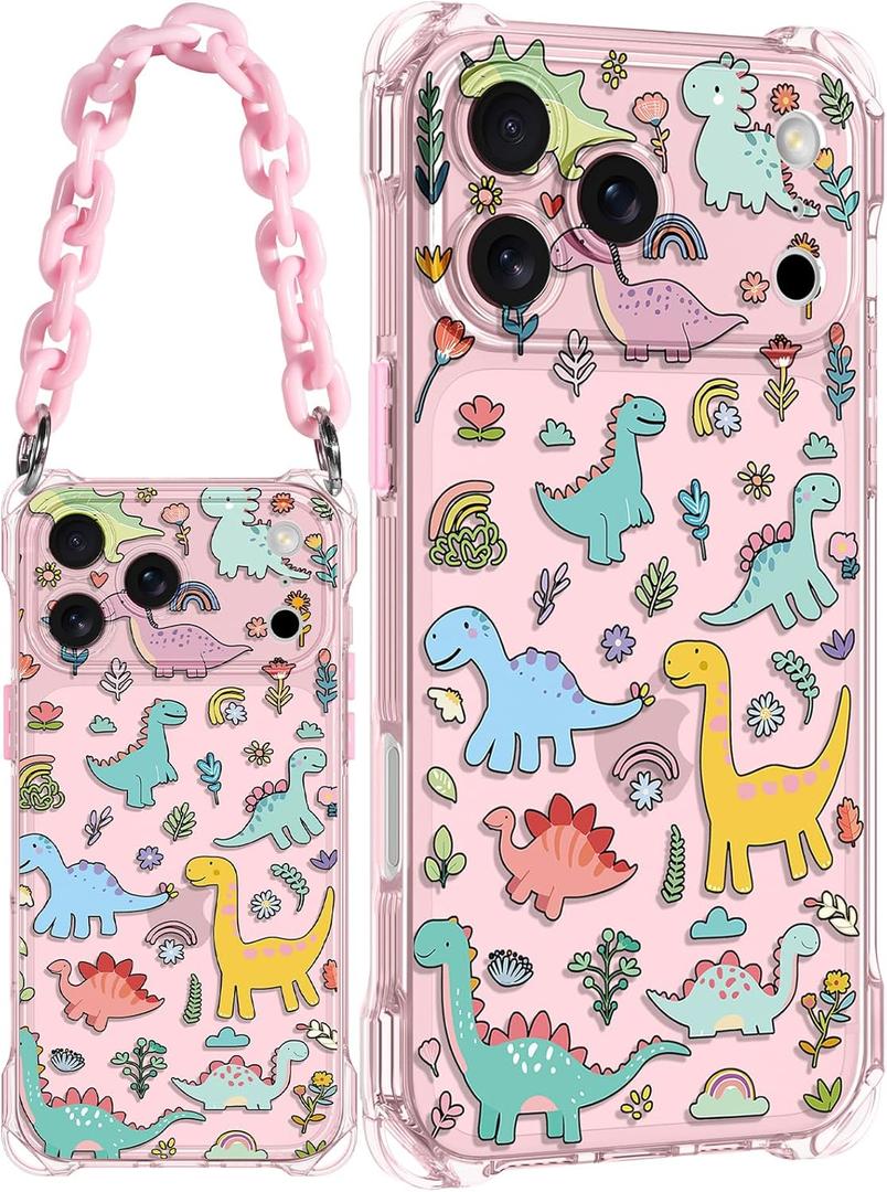 Toycamp for iPhone 17 Pro Case with Strap for Women - Cute Funny Girls Girly Fashion Dinosaur Design Case with Wrist Lanyards Four Corners Flexible Hang Style