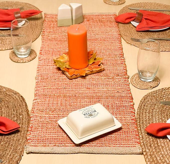 Chardin home Natural Jute Table Runner 13x36 Inch  Vintage Boho Rustic Table Decor  Handwoven Table Runner in Natural Jute and Aqua Turquoise  Farmhouse Dining or Console Table Accent