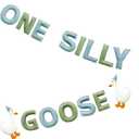 One Silly Goose Birthday Decorations Sage Green Dusty Blue Felt Handmade Pre-Strung 3d Goose 1st Bday Banner for Baby First Birthday Party Decorations Nursery Home Wall Fireplace Decor