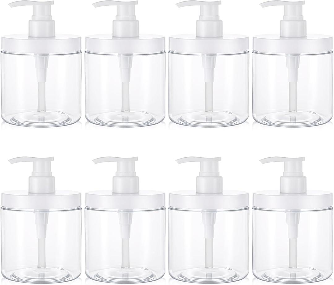 Dimeho 8 Pack Pump Bottle Dispenser 500ml Lotion Dispenser Wide Mouth Bathroom Shower Containers Plastic Refillable Empty Pump Bottles for Shampoo Conditioner Hand Lotion and Dish