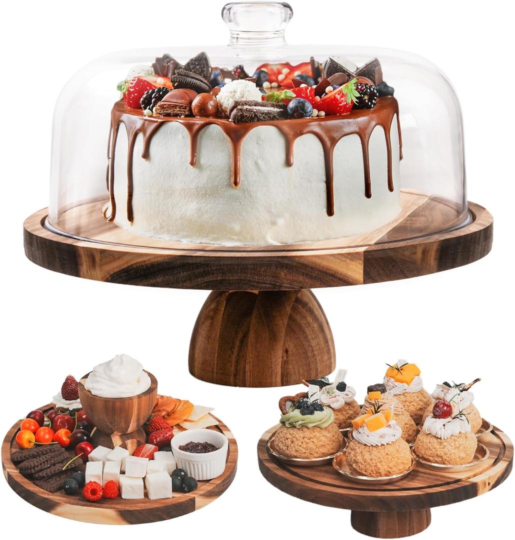 RosiRoli Acacia Wood Cake Stand with Lid, (2-in-1) Multi-Functional Serving Platter,12in Round Display Set & Charcuterie Board for Cheese, Dips, Nachos, Fruit Platter