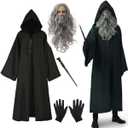 Wizard Costumes with Warlock Cloak Wig Beard Gloves Wand Halloween Magician Sorcerer Cosplay Outfit Party Props Black (Medium)