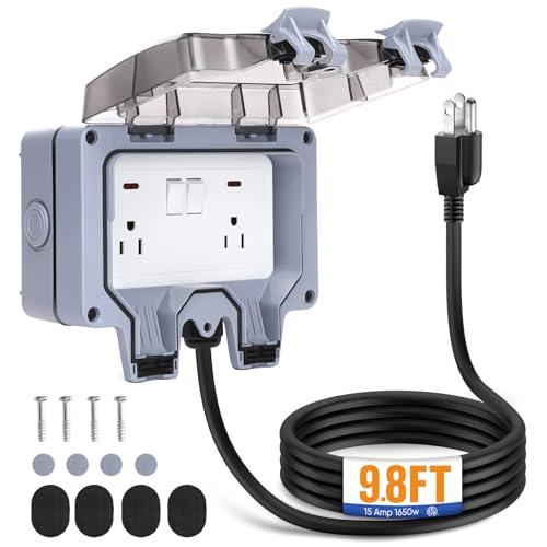 XINYIELE Outdoor Power Outlet,Outdoor Extension Cord Waterproof Double Wall Outlet Extender with On-Off Switch and Indicator Light，Exterior Electric External Power Outlet,Outside Outlet (9.8FT)