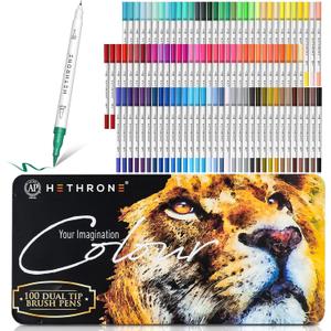Hethrone Markers for Adult Coloring - 100 Colors Dual Tip Brush Pens Art Markers Set, Fine Tip Markers for Calligraphy Painting Drawing Lettering (100 Colors White Lion)