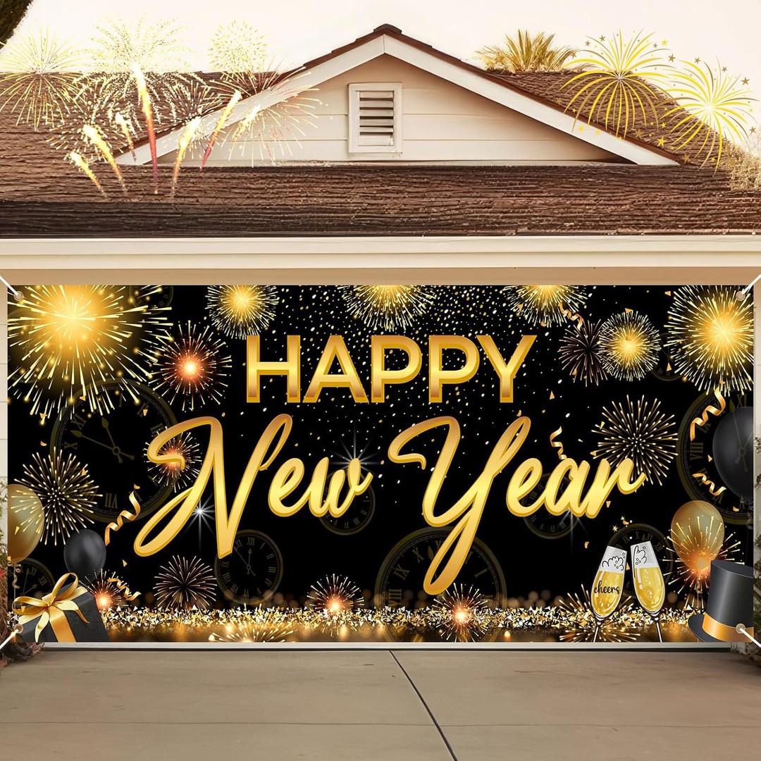 2026 Happy New Year Double Garage Door Decorations 7 x 16 Ft Black and Gold New Year Garage Door Cover Banner Outdoor Large Eve Backdrop for Home Wall Yard Decor (Firework)