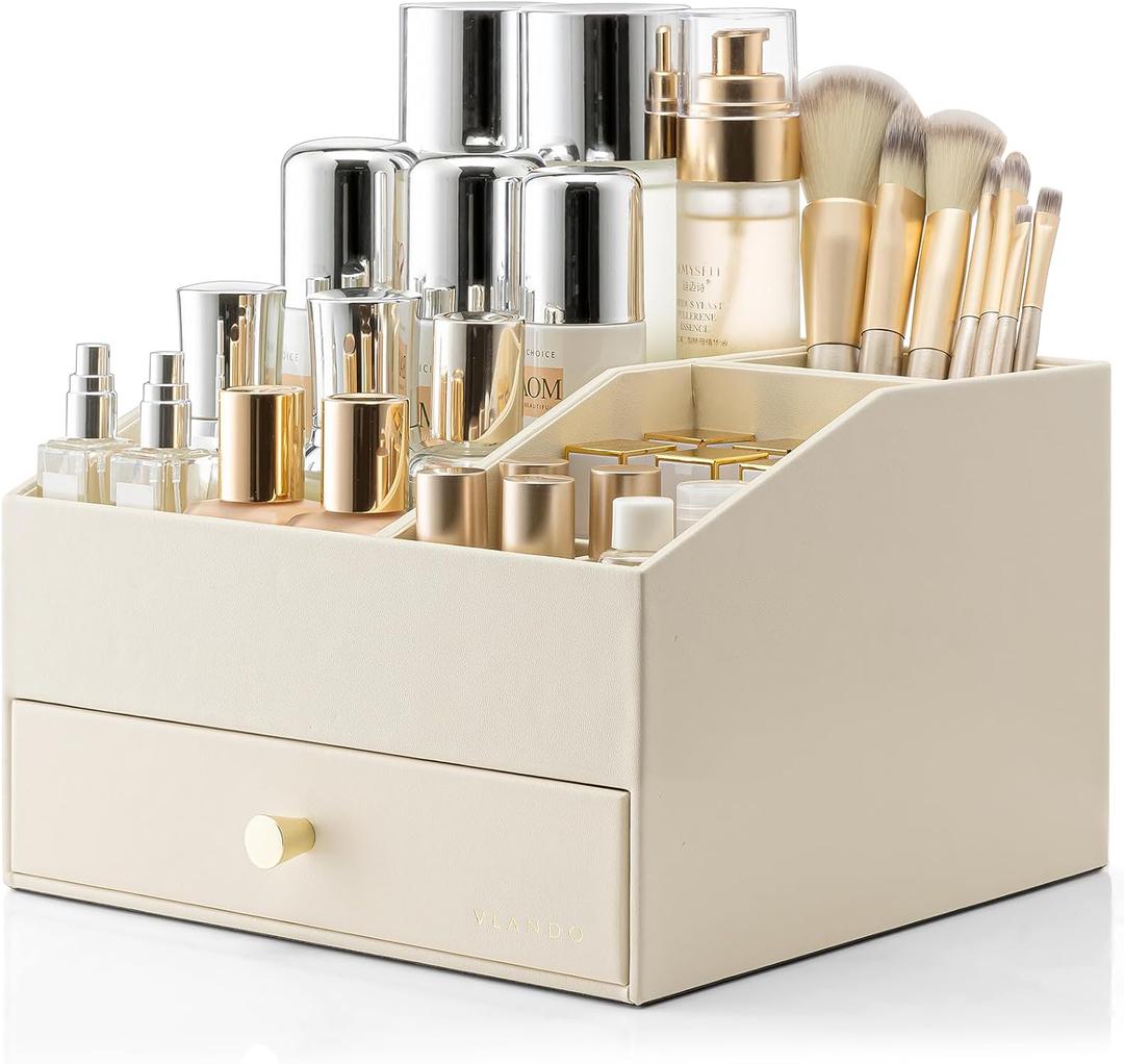 Vlando Makeup Organzier,Vanity Organizer with Drawers, PU Leather Skincare Organizer Perfume Organizer,Large Cosmetic Display Case for Lipstick,Brushes Gifts for Women-Beige (2 Layers-Beige)