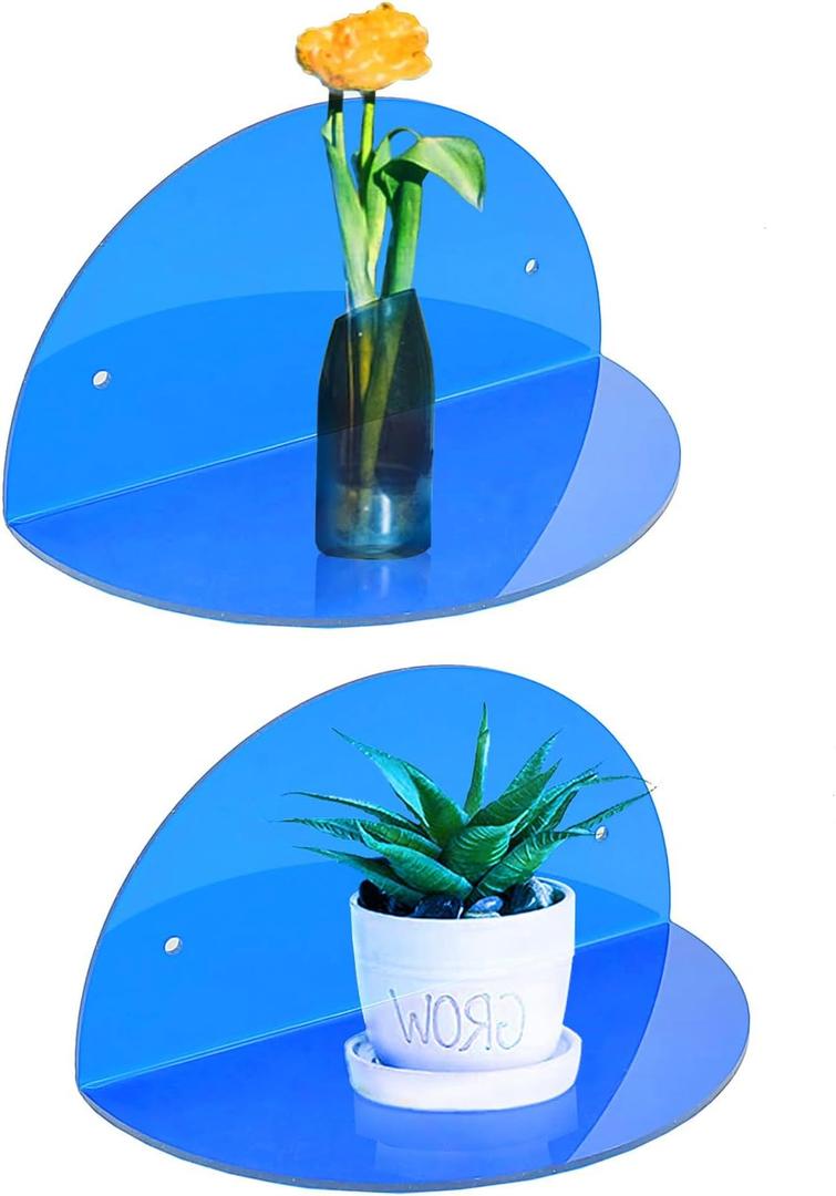 ROYALITA Small Acrylic Shelves Room Decor Floating Shelves (2-Pack, 8-inch Diameter) - Wall Mounted Display Stand for Plants, Toys, Makeup, and More - Ideal for Home and Office, Blue