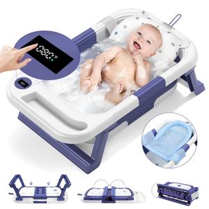 Blue Collapsible Baby Bathtub, Baby Bath Tub for Infants to Toddler, with Thermometer & Soft Floating Cushion & Bath Net, No-Slip Hanging Portable Bathtub