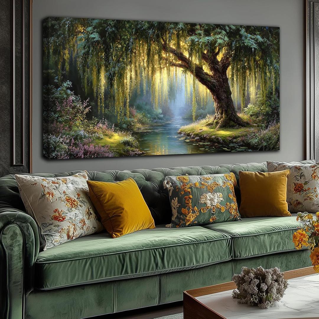 Green Willow Tree Canvas Wall Art Large Botanical Nature Wall Painting, 58"L x 29"W