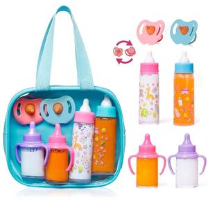 fash n kolor My Sweet Baby Disappearing Doll Feeding Set, Baby Care 6 Piece Doll Feeding Set - for Toy Stroller | 2 Milk & Juice Bottles with 2 Toy Pacifier for Baby Dolls (Blue)