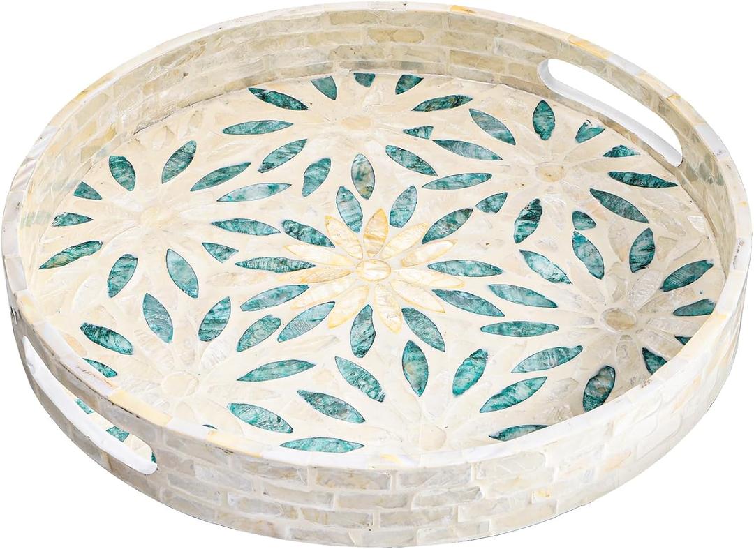 Mother of Pearl Inlay Serving Tray, 12 Inch Round Decorative Table Tray, Wood Coffee Table Ottoman Tray with Handles for Home Decor, Tea, Breakfast