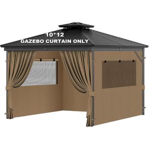Universal Replacement Privacy Curtains for Gazebos, 10x12 ft Outdoor Waterproof with Large Mosquito-Proof Window Opening, 2-Piece Four-Sided Side Walls with Zippers (Curtains Only, Khaki)