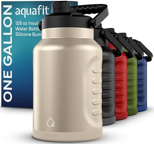 AQUAFIT 1 Gallon Insulated Water Bottle (Cold for 48 Hrs) - BPA Free & Leak Proof - Stainless Steel Jug - Big Water Bottle with Handle for Gym, Hiking, Camping & Travel (Coastal Sand)(No Size)