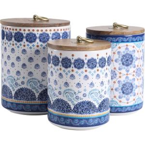 Bico Blue Talavera Ceramic Canister Set of 3 for Kitchen Counter, 62oz, 40oz, 32oz each, with Wooden Air Tight Lid, Food Storage Jar for storing Coffee, Tea, Spice, Dishwasher Safe