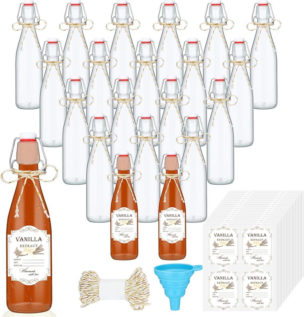 Queekay 20 Pack Mini Swing Top Glass Bottles for Vanilla Extract Homemade Olive Oil Bottles with Lids Airtight Cap Lids Labels for Wedding Baby Shower Favors(Clear,8 oz)