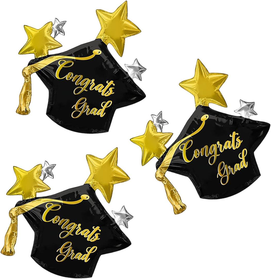 2 x 3pcs Black Graduation Cap Star Balloons | Congrats Grad Cap Balloons for Graduation Party Decorations