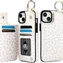 HAOPINSH for iPhone 15 Plus Wallet Case with Card Holder, White Leopard Cheetah Print Back Flip Folio PU Leather Kickstand Card Slots Case, Finger Grip Ring Double Magnetic Clasp Shockproof 6.7"