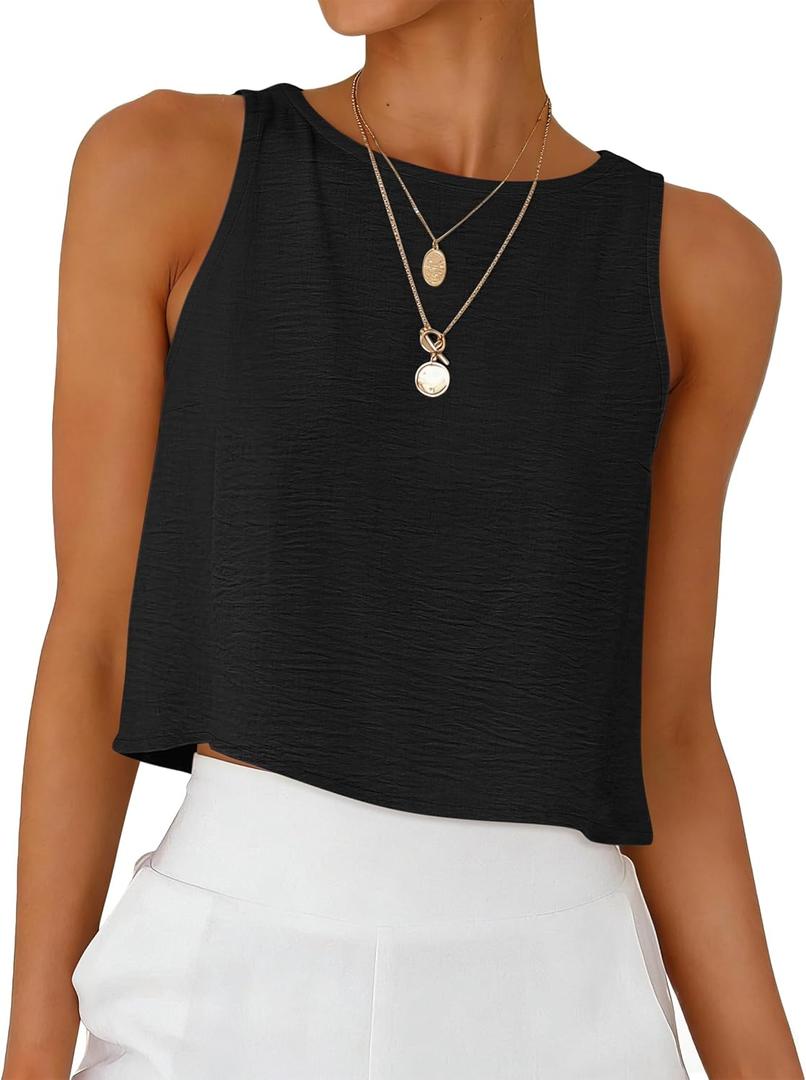 ANRABESS Womens Cropped Tank Tops Summer Sleeveless Back Button Shirts (Black, L)