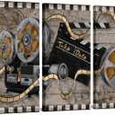 RnnJoile Movie Theater Wall Decor Rustic 3 Pieces Projector Film Clapper Reels Painting for Vintage Home Farmhouse Movie Room Bedroom Wall Decor Ready to Hang