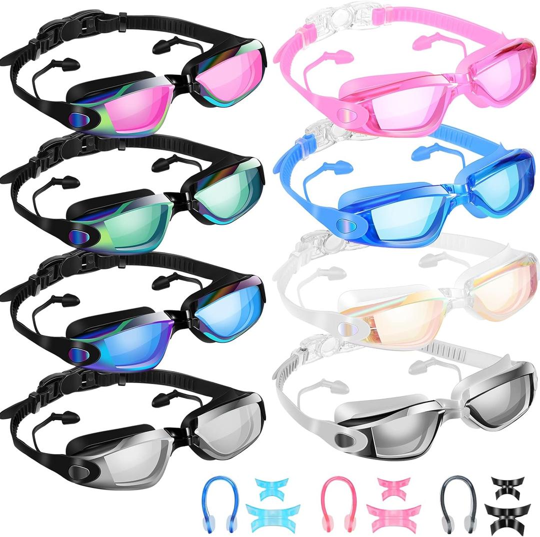 Fabbay 8 Pcs Swimming Goggles No Leaking Pool Goggles for Kid Adult UV Protection Swim Glasses Waterproof Nose Clip Earplug