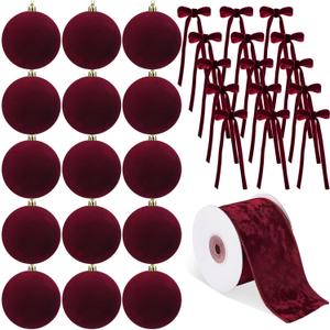 Syhood 46 Pcs Velvet Christmas Ornaments 3.15 Inch Large Christmas Balls Flocked Bows Velvet Ribbon Burgundy Xmas Tree Ornaments Decorations for Valentine's Day Xmas Holiday Decor