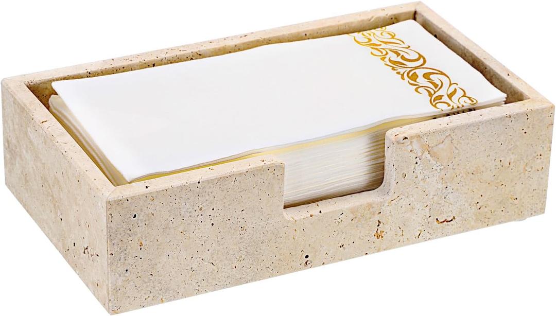 Sumnacon Guest Towel Holder for Bathroom, 9.9" x 5.6", Natural Travertine Guest Towel Napkin Holder Rectangle Paper Hand Towel Tray, Flat Dinner Napkin Holder for Table, Countertop, Bathroom Vanity (Beige)