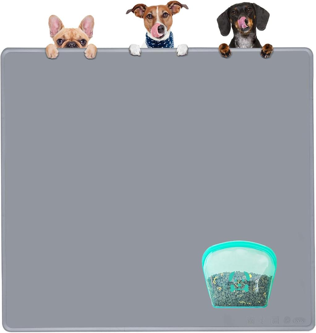 KVK Extra Extra Large Silicone Dog Food Mat 39.4x43.3in and 128oz Silicone Bag Set, Super Size Waterproof Pet Feeding Mat & Container, Non-Slip, Chew-Resistant Floor Protection (Cool Grey&Teal)