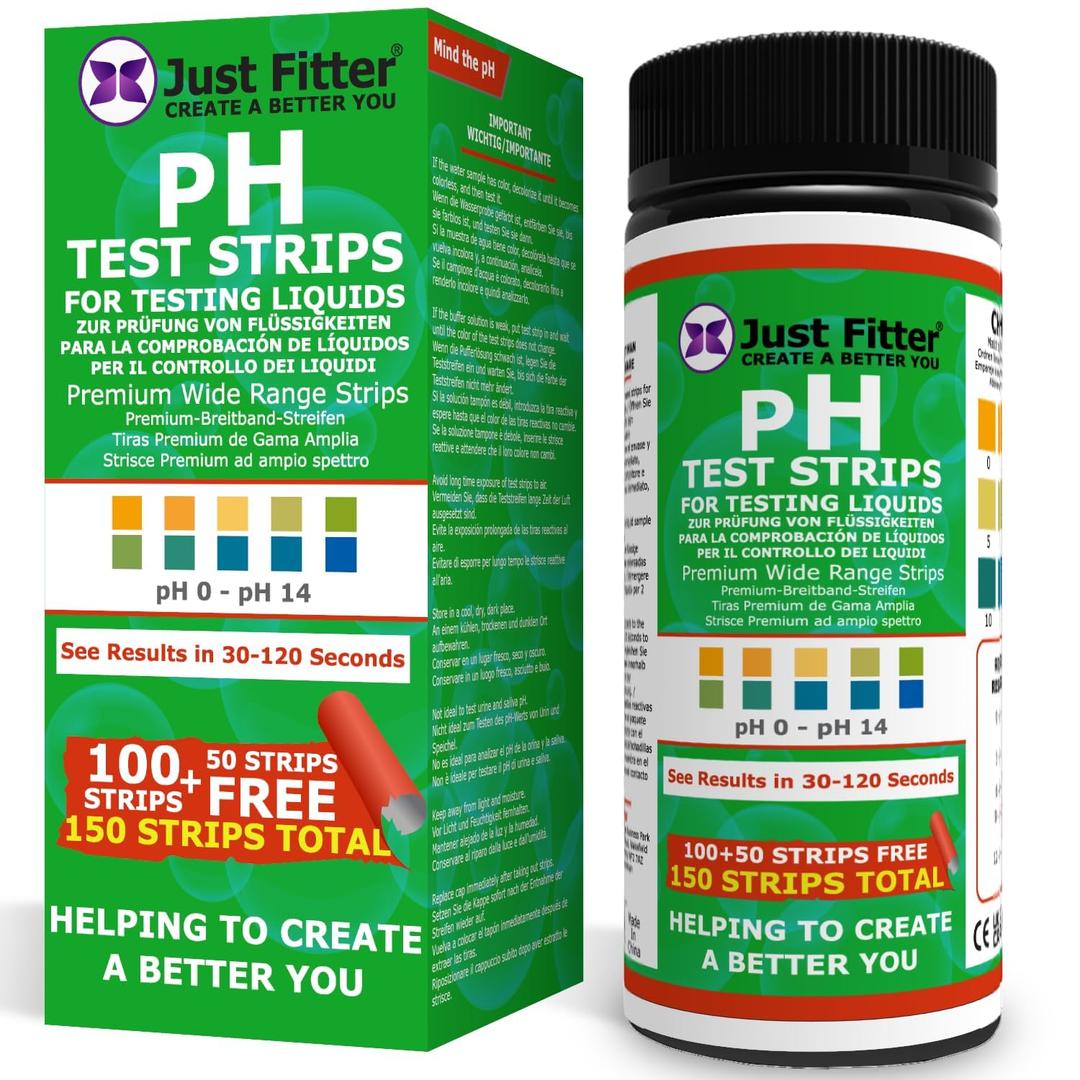 Just Fitter Alkaline Water pH Test Strips. Testing Kit for Home Drinking Water and Liquids. Universal Tester for Aquarium, Fish Tank, Pool, Hot Tub, Spa, Kombucha, Fermentation and Brewing Process.