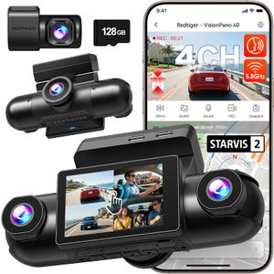 REDTIGER 4 Channel 360 View Dash Cam, Dual STARVIS 2, 2.5K*2+1080P*2 Dashcam Front and Rear Inside Left Right, 5.8GHz WiFi, 8 IR Lights Night Vision, 4 Adjustable Lenses, Included 128GB Card (VP40)