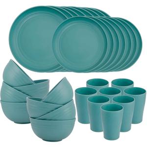 Supernal 32pcs Wheat Straw Dinnerware Sets,Dinnerware Sets for 8,Unbreakable Dinnerware,Reusable Tableware,Dark Green Set 16pcs Plates, 8pcs Bowls, 8pcs Cups,Microwave Dishwasher Safe