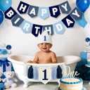DCJHFJ Felt Navy Blue Happy Birthday High Chair Banner Pre-Strung Birthday Hanging Decoration for Baby Boy 1st Birthday Party Decorations