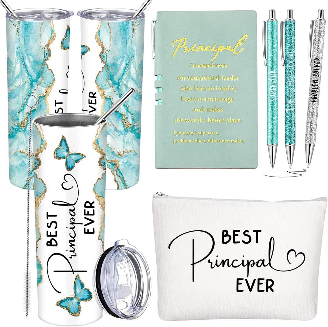 Domensi 6 Pcs Principal Appreciation Gift Set for Women Men Back to School Thank You Gift 20oz Rustic Butterfly Marble Sign Tumbler Makeup Bag Journal for School Principal Retirement(Green)