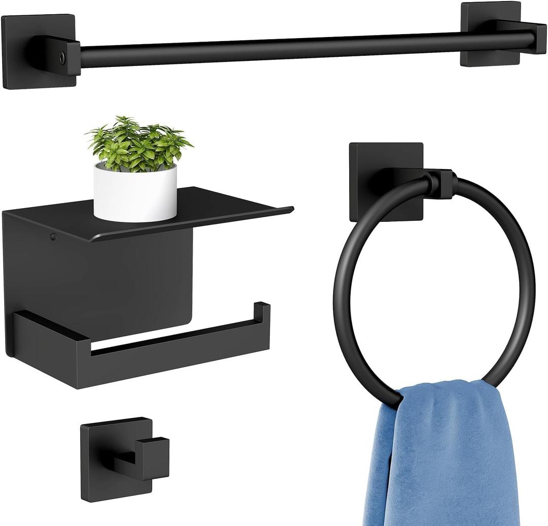 Bathroom Hardware Accessories Set 4-Pieces, Towel Racks for Bathroom Wall Mounted, Stainless Steel 24Inch Black Towel Bar Set, Round Towel Ring, Towel Hook, Toilet Paper Holder with Shelf