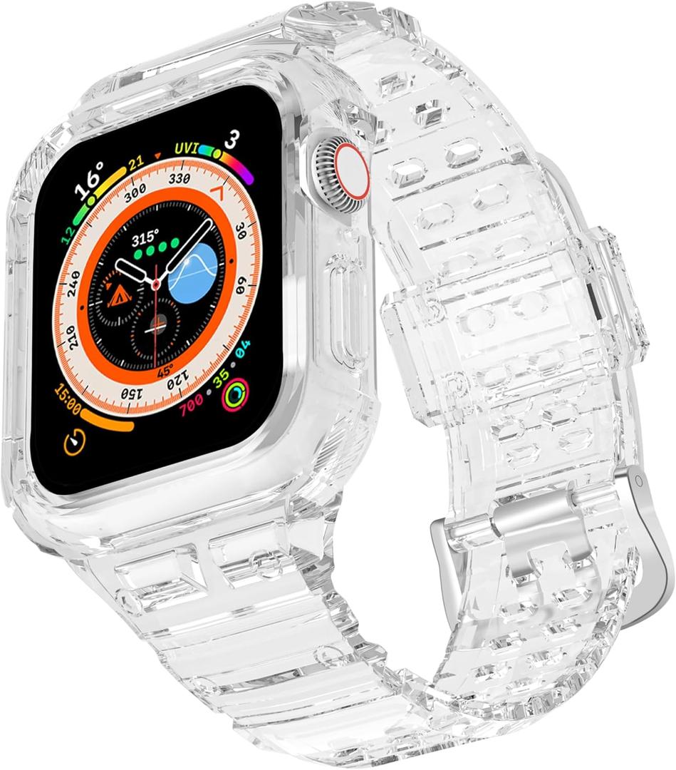 CRIS-BAND Bumper Bands Compatible with Apple Watch Band 45mm 44mm 42mm 41mm 40mm 38mm for Women Men, Water Shock-Proof Strap for iWatch Apple Watch Band with Case for Series 9 8 7 6 SE 5 4 3 2 1 (Jelly-Clear)