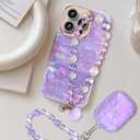 Compatible with iPhone 15 Pro Case for Women Girls, Slim Fit Stylish Cute Phone Case for iPhone 15 Pro with Flower Phone Charm Lanyard Wrist Strap, Hard Protective Case 6.1 Inch Purple Marble