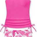 Girls Tankini Swimsuits Size 12-14 Teen Bathing Suits for Girl 12-14 Tropical Pink Leaf Unique Edge Swimwear with Drawstring + Swim Briefs 2 Piece Set