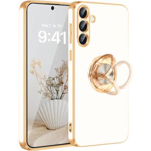 Fingic for Galaxy S25 Plus Case[with 360Rotatable Ring Holder][Support Magnetic Car Mount]Shiny Plating Gold Slim Thin Soft TPU Rugged Bumper Anti-scratch Case for Galaxy S25 Plus for Girls Boy,White